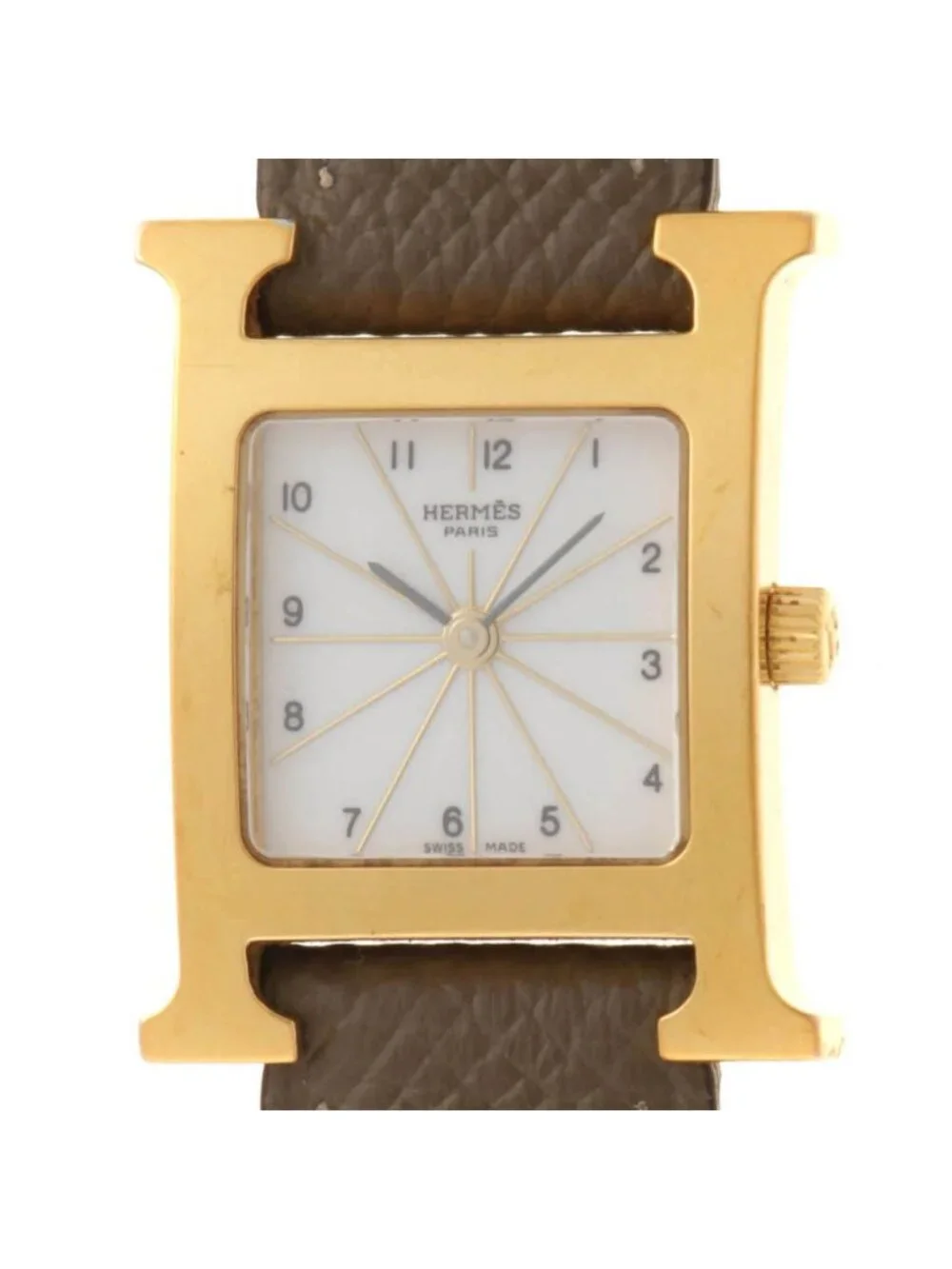 Hermes H Watch Leather Strap White Arabic Dial Quartz
